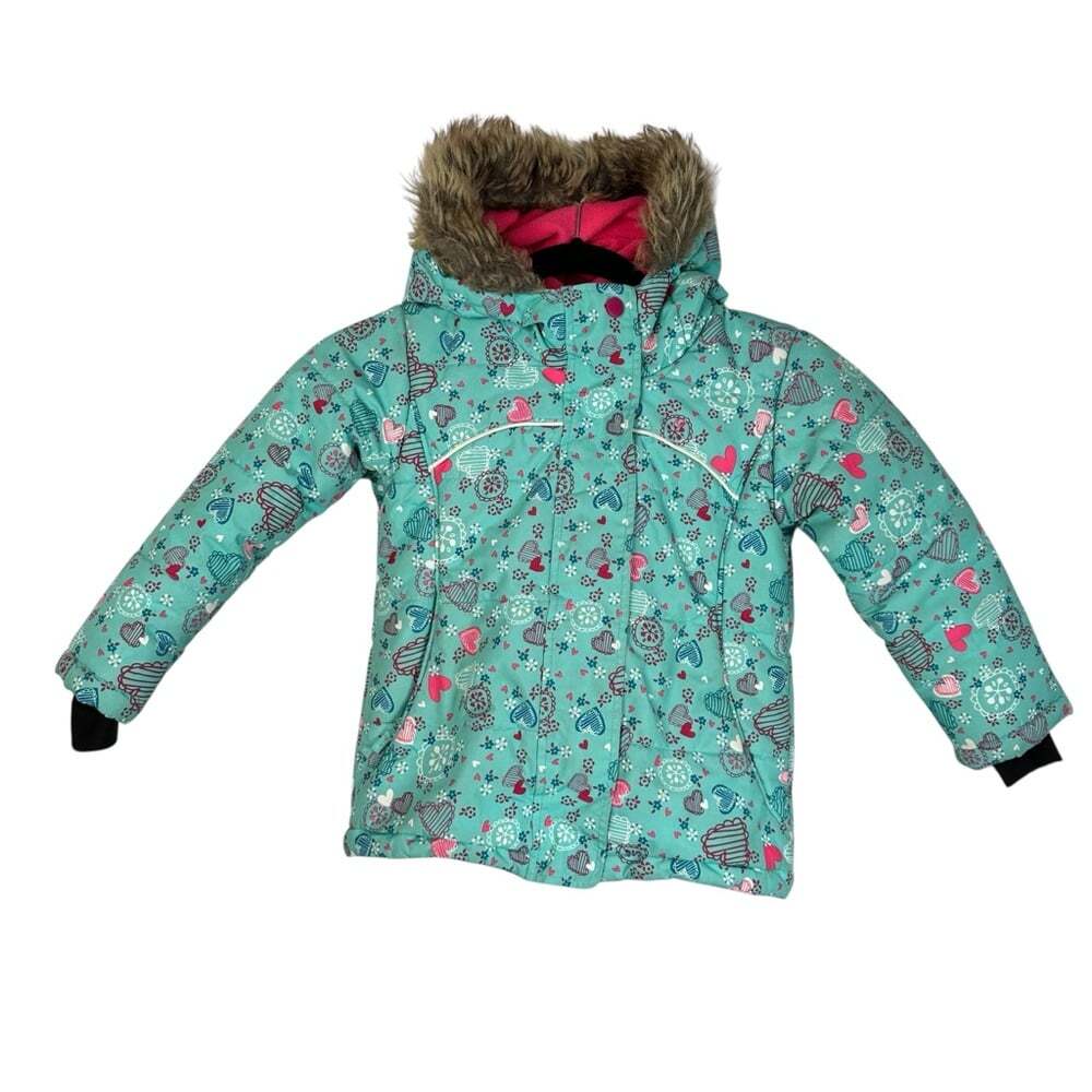Gusti Kids Teal Puffer Jacket Pink Hearts Size 5 Winter Warm Coat